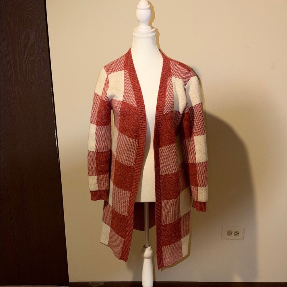 Monteau Los Angeles Plaid Open-Front Cardigan - Red and Cream - size xs